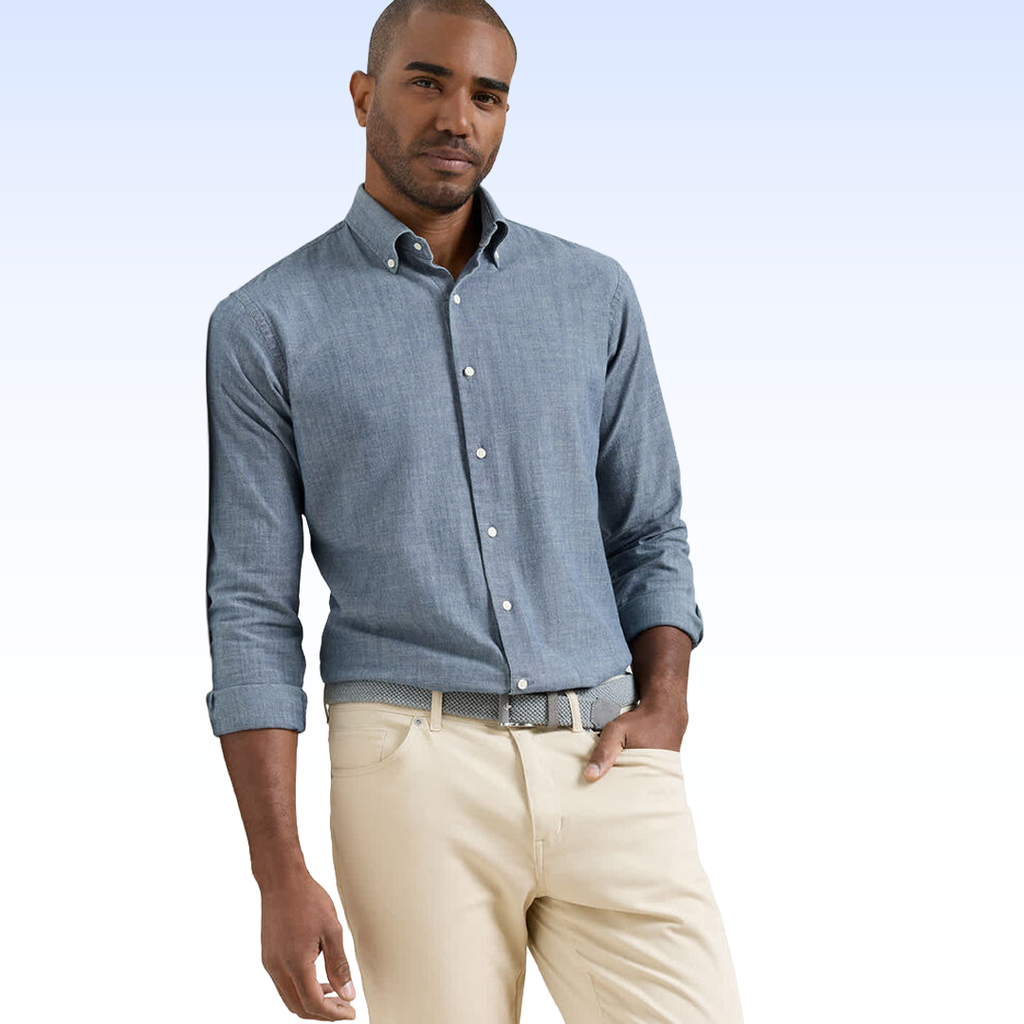 PETER MILLAR DEVONPORT CHAMBRAY COTTON-STRETCH SPORT SHIRT